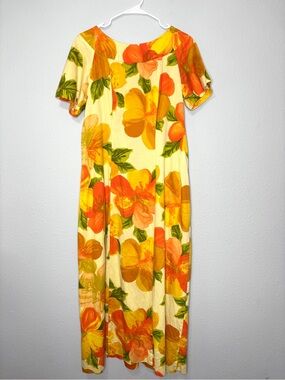 Alice Polynesian Vintage 1960s Orange Floral Barkcloth Maxi Dress w/ Back Drape